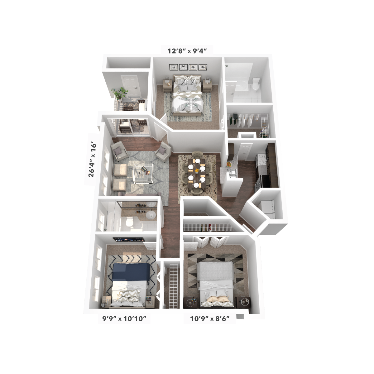 Floor plan for 3 beds, 2 baths, 1279 sqft